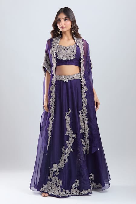 Prisho Dark Purple Embroidered Cape Skirt Set 