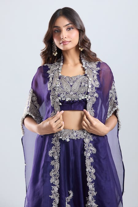 Prisho_Purple Sequins, Zari, Embroidery, Stones Open Neck, Dark Cape Skirt Set _at_Aza_Fashions
