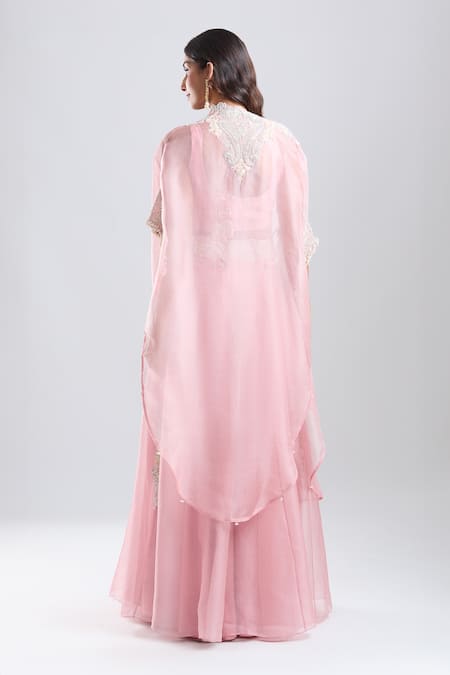 Prisho Dark Flamingo Embroidered Cape Skirt Set 