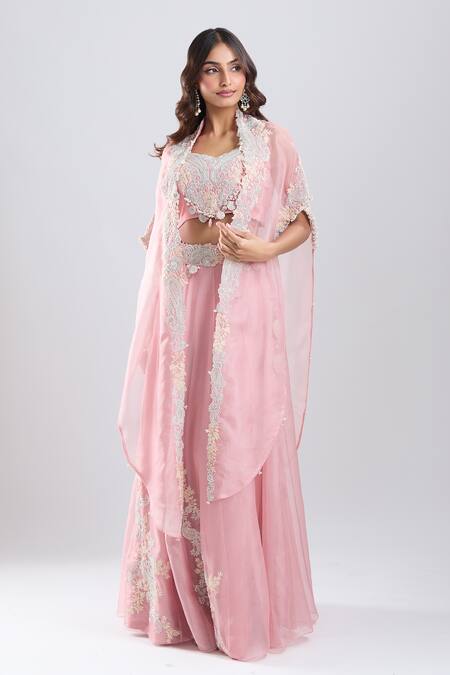 Buy_Prisho_Pink Embroidery, Beads, Sequins, Stones, Tassels Dark Flamingo Cape Skirt Set _Online_at_Aza_Fashions