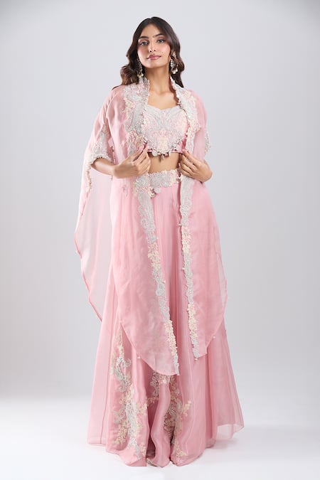 Prisho Dark Flamingo Embroidered Cape Skirt Set 
