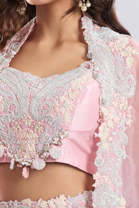 Shop_Prisho_Pink Embroidery, Beads, Sequins, Stones, Tassels Dark Flamingo Cape Skirt Set _Online_at_Aza_Fashions