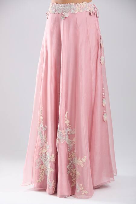 Prisho_Pink Embroidery, Beads, Sequins, Stones, Tassels Dark Flamingo Cape Skirt Set _at_Aza_Fashions