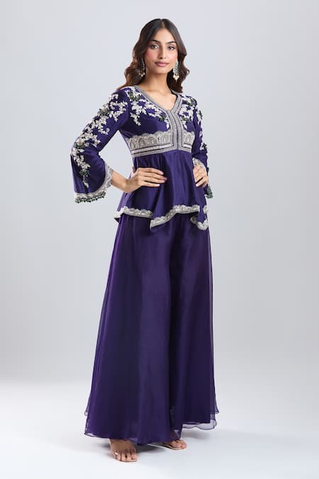 Prisho_Purple Embroidery, Beads V-neck Peplum Kurta With Sharara _Online_at_Aza_Fashions