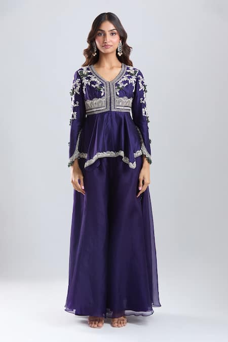 Buy_Prisho_Purple Embroidery, Beads V-neck Peplum Kurta With Sharara _Online_at_Aza_Fashions
