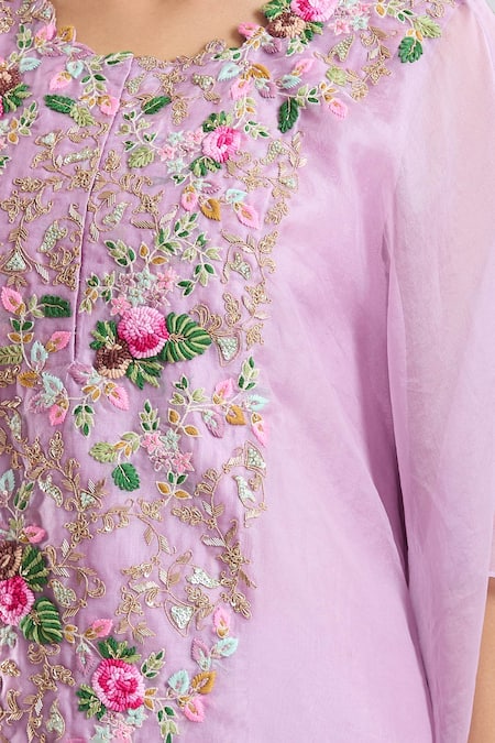 Prisho_Purple Embroidery, Beads, Stones Round Neck Kaftan With Pant _Online_at_Aza_Fashions