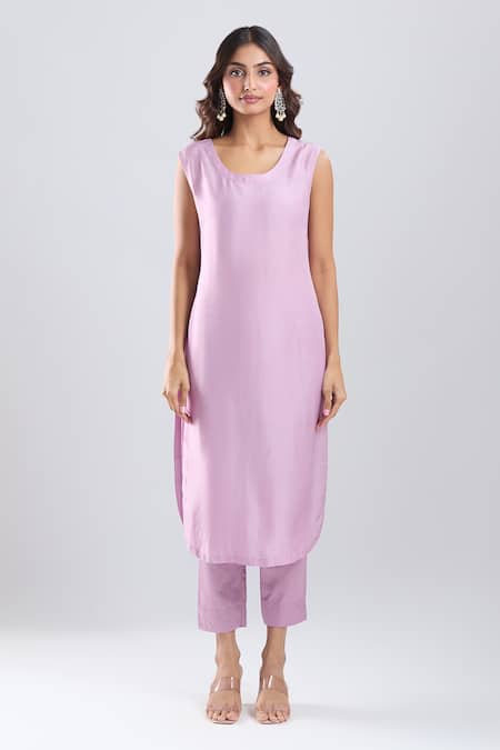 Shop_Prisho_Purple Embroidery, Beads, Stones Round Neck Kaftan With Pant _Online_at_Aza_Fashions