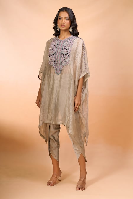 Prisho_Beige Chanderi Embroidery, Beads Round Neck Kaftan With Pant _Online_at_Aza_Fashions