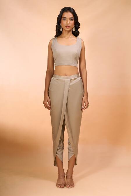 Shop_Prisho_Beige Chanderi Embroidery, Beads Round Neck Kaftan With Pant _Online_at_Aza_Fashions