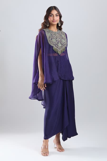 Shop_Prisho_Purple Georgette Embroidery, Sequins, Beads Round Neck, Kaftan Draped Skirt Set _Online_at_Aza_Fashions