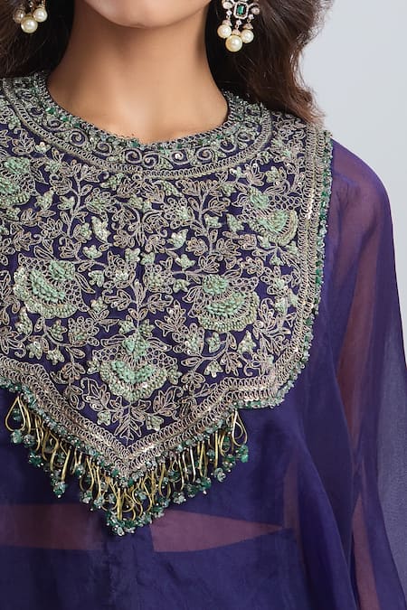 Prisho_Purple Georgette Embroidery, Sequins, Beads Round Neck, Kaftan Draped Skirt Set _at_Aza_Fashions