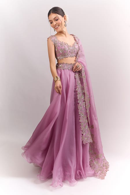 Buy_Anushree Reddy_Purple Embroidery, Sequins, Beads, Tassels, Zari Chamak Pico Blouse Skirt Set _Online_at_Aza_Fashions