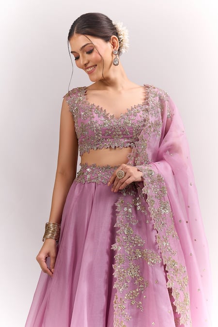 Shop_Anushree Reddy_Purple Embroidery, Sequins, Beads, Tassels, Zari Chamak Pico Blouse Skirt Set _Online_at_Aza_Fashions