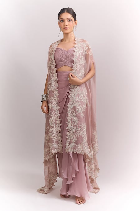 Anushree Reddy Embroidered Cape Draped Skirt Set 
