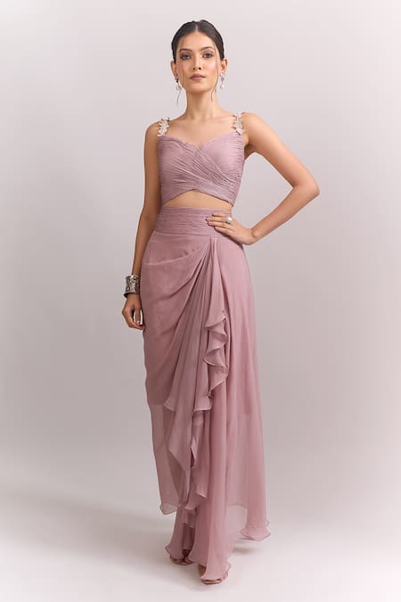 Anushree Reddy_Pink Embroidery Open , Sweetheart Cape Draped Skirt Set _Online_at_Aza_Fashions