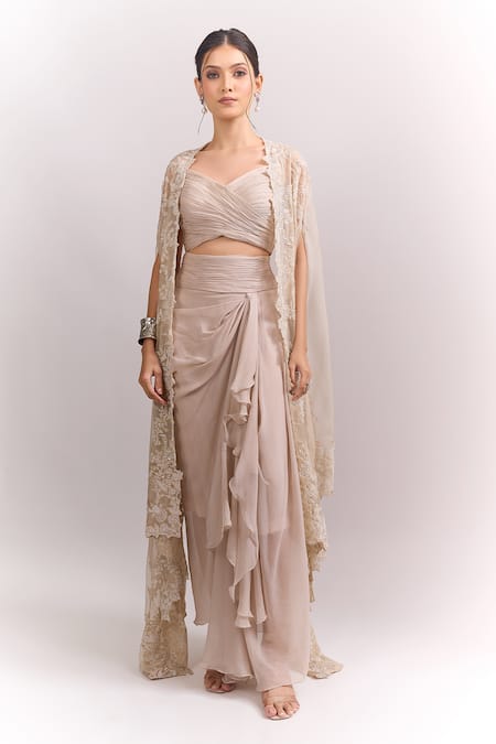 Shop Anushree Reddy Beige Ruffles Open , Sweetheart Ivory Athena Embroidered Cape Skirt Set Online at Aza Fashions Shop_Anushree Reddy_Beige Ruffles Open , Sweetheart Ivory Athena Embroidered Cape Skirt Set _Online_at_Aza_Fashions