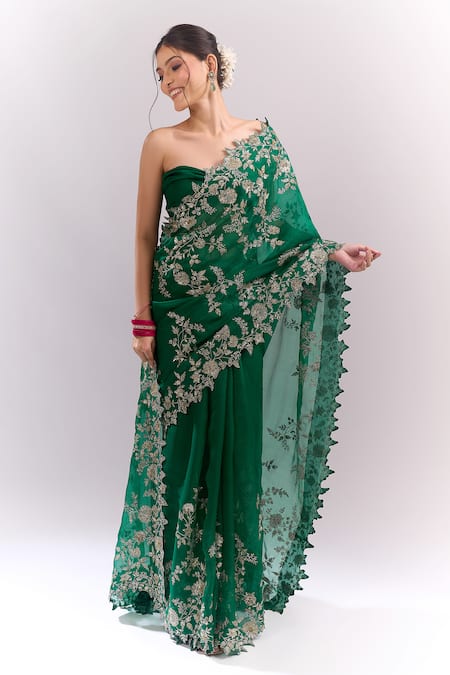 Anushree Reddy_Green Zari, Embroidery Cutwork Saree With Unstitched Blouse Piece _Online_at_Aza_Fashions