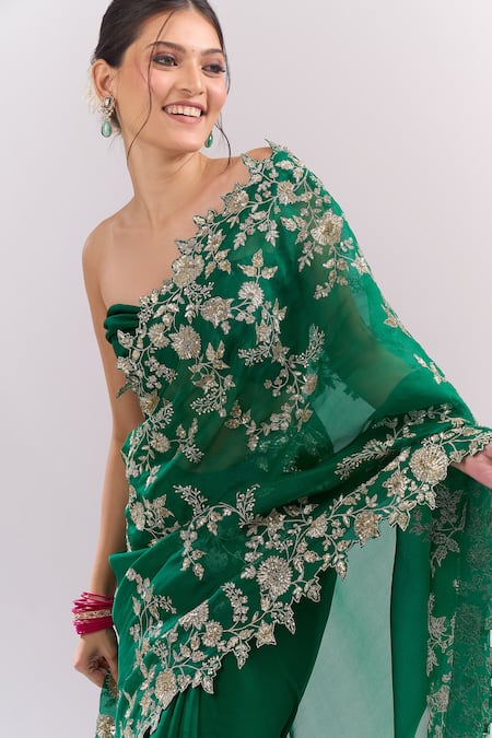Shop_Anushree Reddy_Green Zari, Embroidery Cutwork Saree With Unstitched Blouse Piece _Online_at_Aza_Fashions