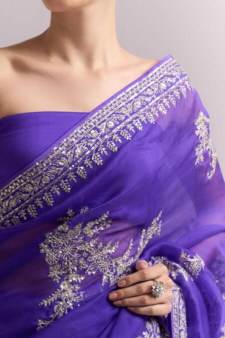 Anushree Reddy_Purple Embroidery, Metallic Gutcha Border Saree With Unstitched Blouse Piece _Online_at_Aza_Fashions