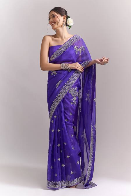 Buy_Anushree Reddy_Purple Embroidery, Metallic Gutcha Border Saree With Unstitched Blouse Piece _Online_at_Aza_Fashions