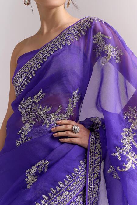 Shop_Anushree Reddy_Purple Embroidery, Metallic Gutcha Border Saree With Unstitched Blouse Piece _Online_at_Aza_Fashions