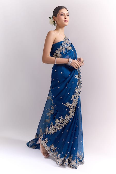 Anushree Reddy Blue Embroidery, Metallic Thread, Zari Saree With Unstitched Blouse Piece Online at Aza Fashions Anushree Reddy_Blue Embroidery, Metallic Thread, Zari Saree With Unstitched Blouse Piece _Online_at_Aza_Fashions