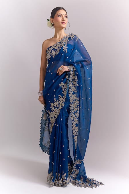 Buy Anushree Reddy Blue Embroidery, Metallic Thread, Zari Saree With Unstitched Blouse Piece Online at Aza Fashions Buy_Anushree Reddy_Blue Embroidery, Metallic Thread, Zari Saree With Unstitched Blouse Piece _Online_at_Aza_Fashions