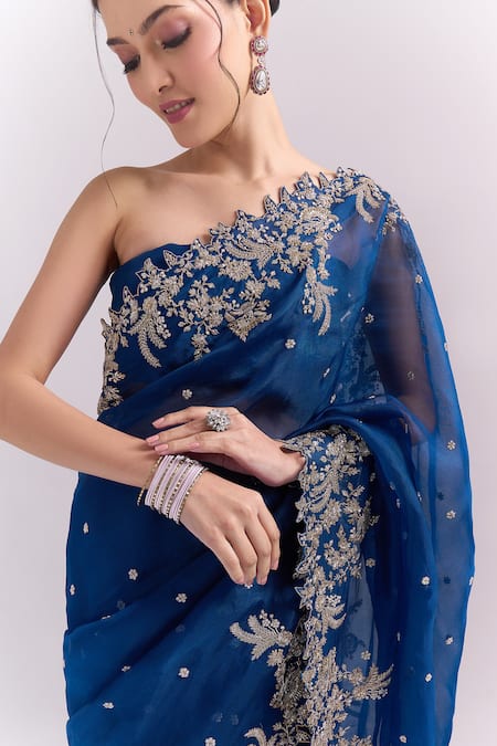 Anushree Reddy Blue Embroidery, Metallic Thread, Zari Saree With Unstitched Blouse Piece at Aza Fashions Anushree Reddy_Blue Embroidery, Metallic Thread, Zari Saree With Unstitched Blouse Piece _at_Aza_Fashions