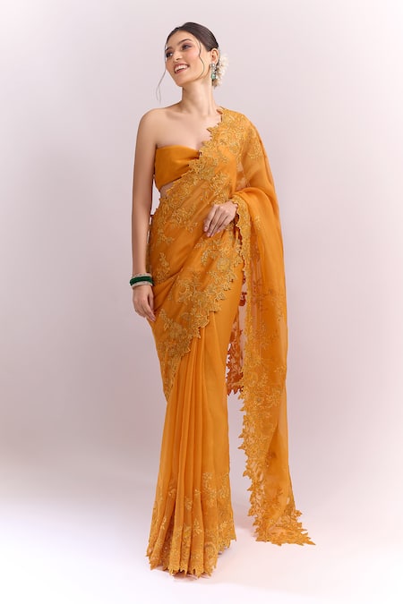 Anushree Reddy_Orange Embroidery Tonal Cutwork Saree With Unstitched Blouse Piece _Online_at_Aza_Fashions
