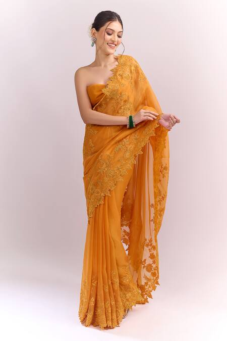 Buy_Anushree Reddy_Orange Embroidery Tonal Cutwork Saree With Unstitched Blouse Piece _Online_at_Aza_Fashions