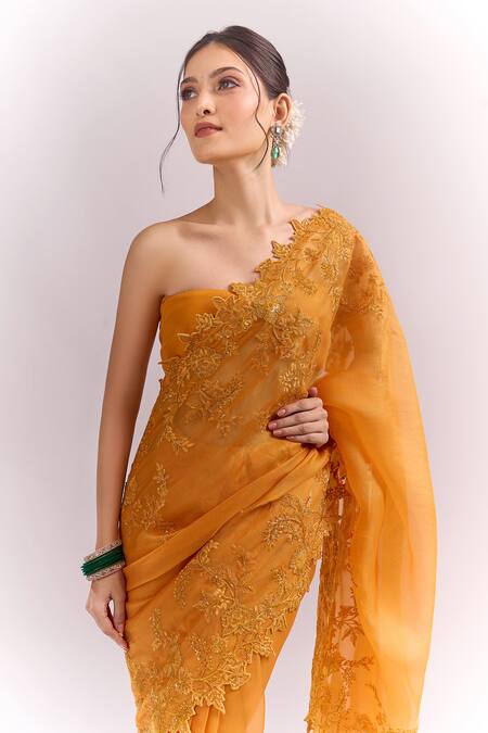Shop_Anushree Reddy_Orange Embroidery Tonal Cutwork Saree With Unstitched Blouse Piece _Online_at_Aza_Fashions