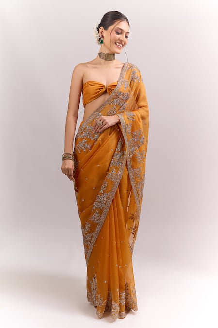 Anushree Reddy_Orange Zari, Embroidery, Sequins Inayat Saree With Unstitched Blouse Piece _Online_at_Aza_Fashions