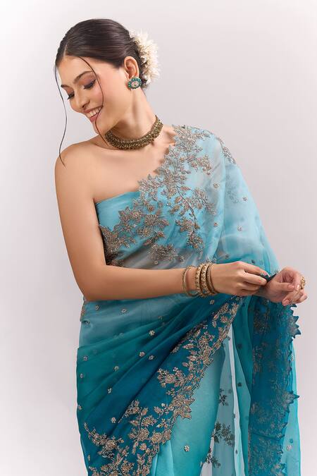 Anushree Reddy_Blue Embroidery, Zari Ombre Bhavani Saree With Unstitched Blouse Piece _Online_at_Aza_Fashions