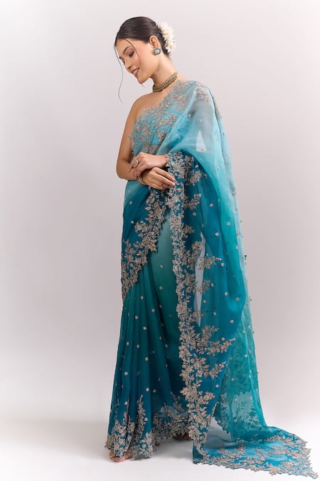 Buy_Anushree Reddy_Blue Embroidery, Zari Ombre Bhavani Saree With Unstitched Blouse Piece _Online_at_Aza_Fashions