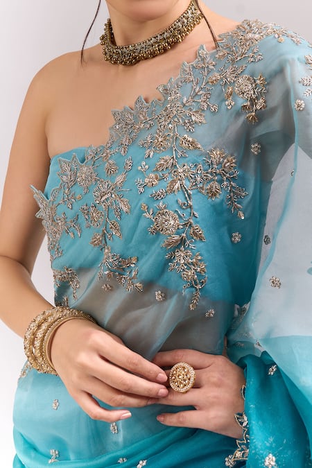Shop_Anushree Reddy_Blue Embroidery, Zari Ombre Bhavani Saree With Unstitched Blouse Piece _Online_at_Aza_Fashions