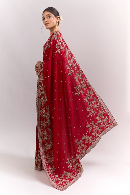 Anushree Reddy_Red Embroidery, Zari Ahana Saree With Unstitched Blouse Piece _Online_at_Aza_Fashions