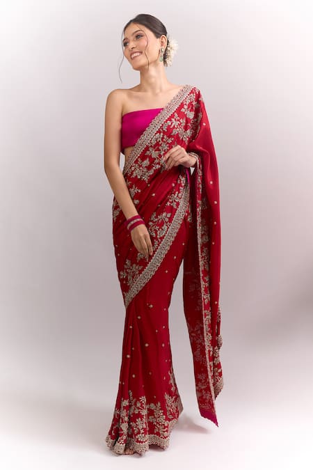Buy_Anushree Reddy_Red Embroidery, Zari Ahana Saree With Unstitched Blouse Piece _Online_at_Aza_Fashions