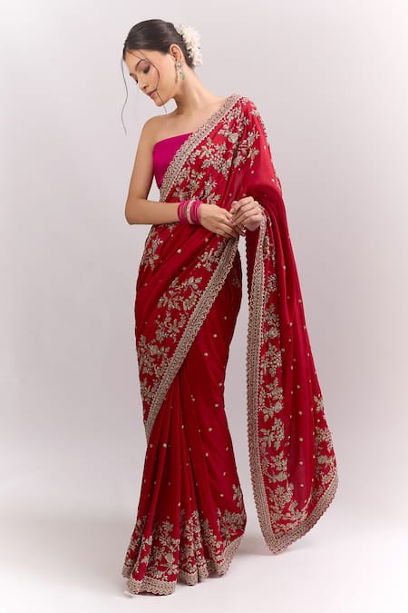 Anushree Reddy_Red Embroidery, Zari Ahana Saree With Unstitched Blouse Piece _at_Aza_Fashions