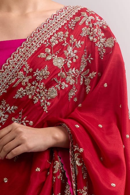 Buy_Anushree Reddy_Red Embroidery, Zari Ahana Saree With Unstitched Blouse Piece 