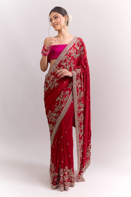 Anushree Reddy Red Ahana Saree With Unstitched Blouse Piece 