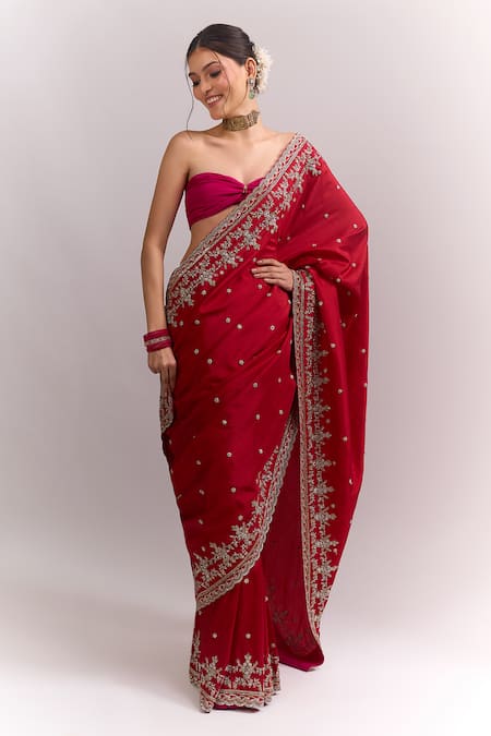 Anushree Reddy Red Anika Saree With Unstitched Blouse Piece 