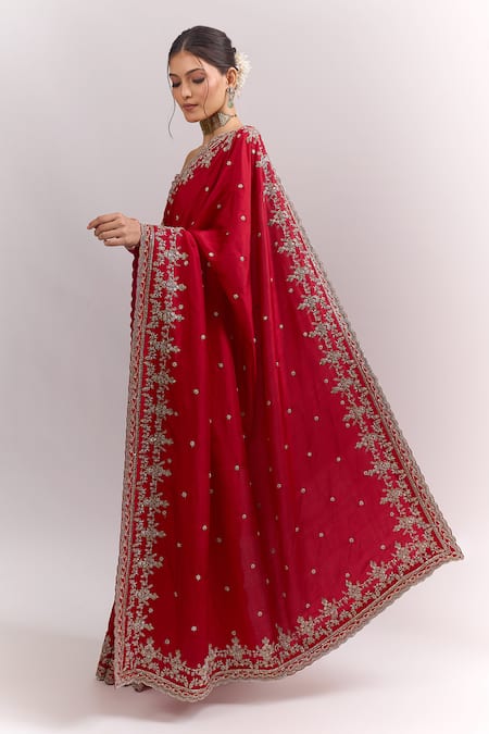 Buy_Anushree Reddy_Red Embroidery, Zari Anika Saree With Unstitched Blouse Piece _Online_at_Aza_Fashions