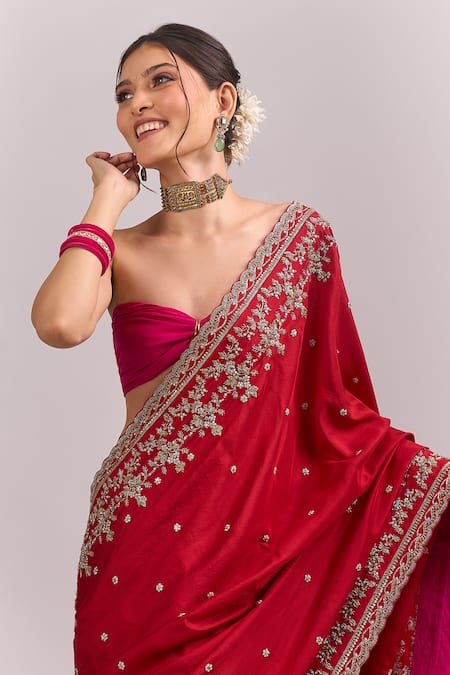 Shop_Anushree Reddy_Red Embroidery, Zari Anika Saree With Unstitched Blouse Piece _Online_at_Aza_Fashions