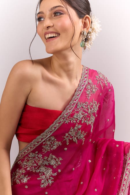 Buy_Anushree Reddy_Pink Embroidery, Zari, Sequins Inayat Saree With Unstitched Blouse Piece _Online_at_Aza_Fashions