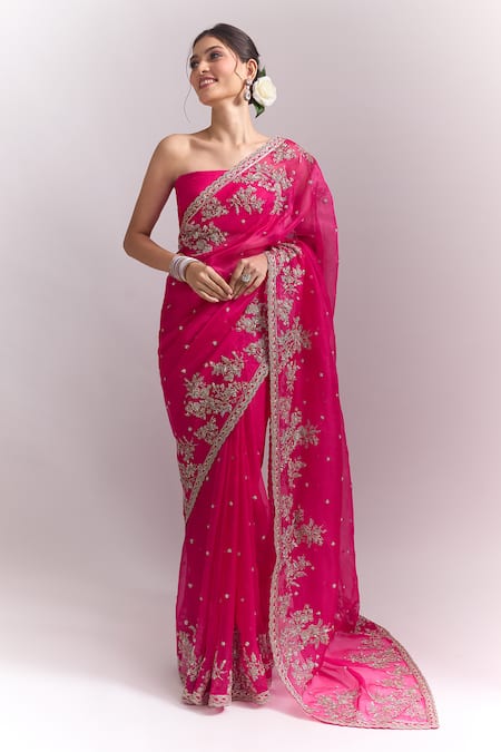 Anushree Reddy_Red Embroidery, Zari, Sequins Cherry Inayat Saree With Unstitched Blouse Piece _Online_at_Aza_Fashions