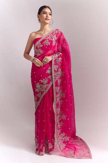 Buy_Anushree Reddy_Red Embroidery, Zari, Sequins Cherry Inayat Saree With Unstitched Blouse Piece _Online_at_Aza_Fashions