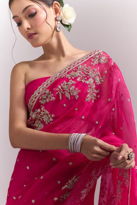 Shop_Anushree Reddy_Red Embroidery, Zari, Sequins Cherry Inayat Saree With Unstitched Blouse Piece _Online_at_Aza_Fashions