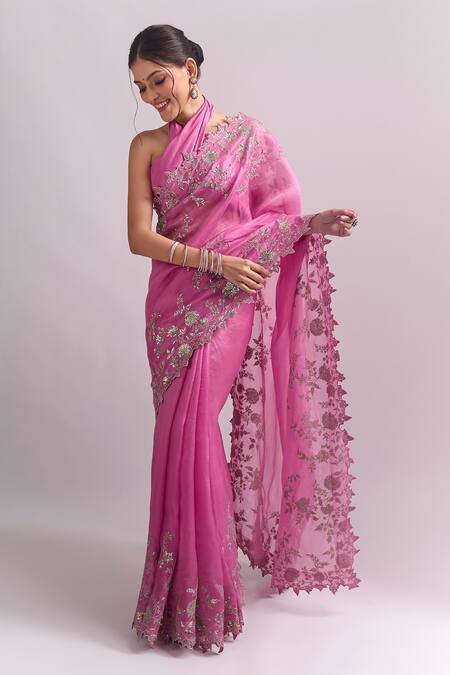 Anushree Reddy_Pink Zari, Embroidery Cutwork Saree With Unstitched Blouse Piece _Online_at_Aza_Fashions