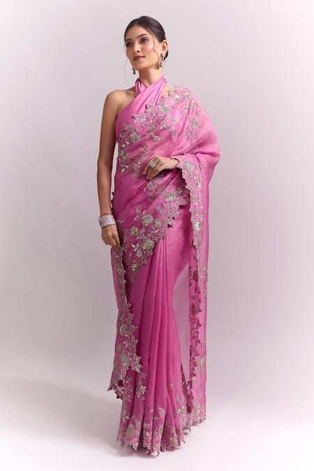Buy_Anushree Reddy_Pink Zari, Embroidery Cutwork Saree With Unstitched Blouse Piece _Online_at_Aza_Fashions