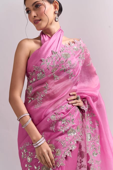 Shop_Anushree Reddy_Pink Zari, Embroidery Cutwork Saree With Unstitched Blouse Piece _Online_at_Aza_Fashions
